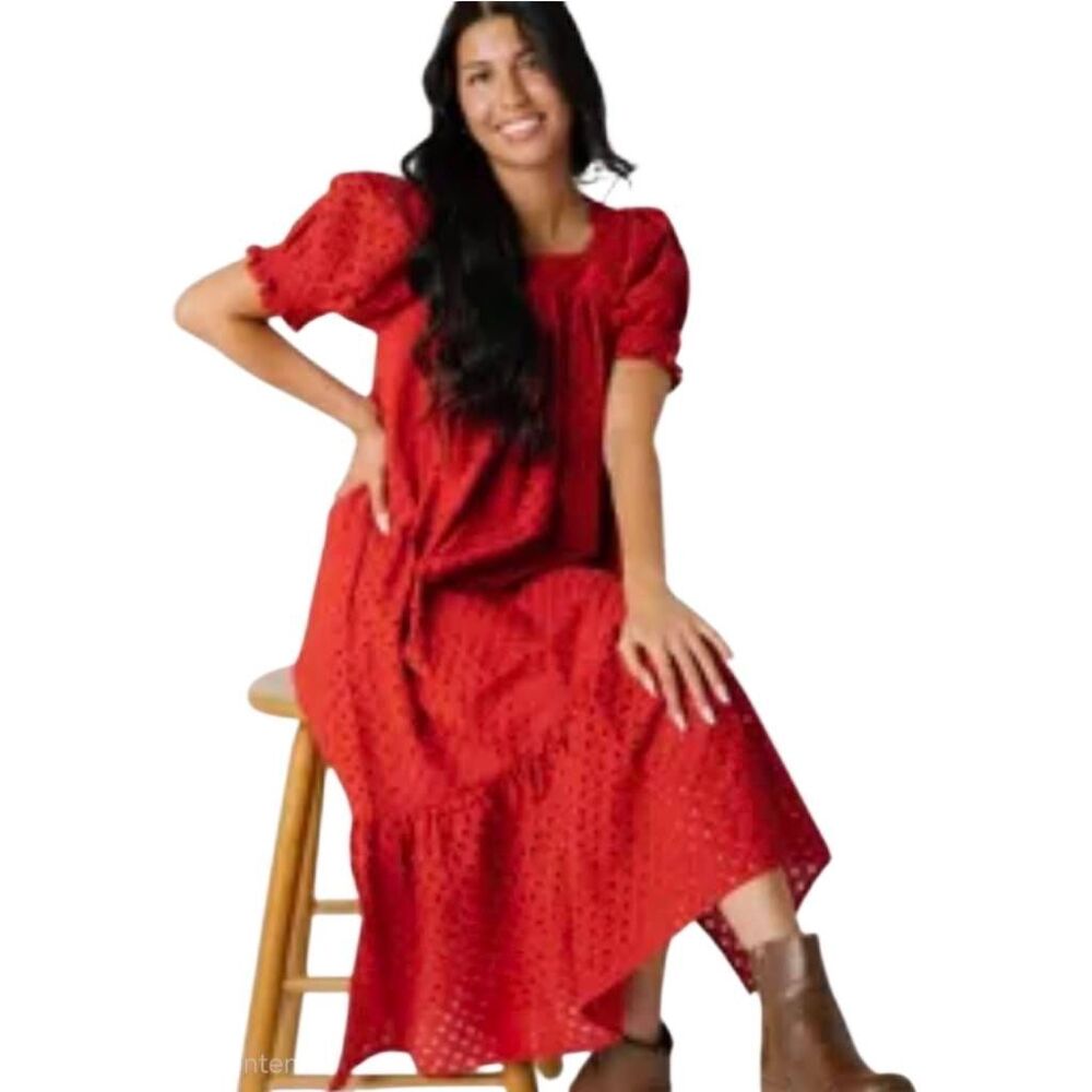 Brass & Roe Red Tommy Eyelet Midi Dress Puff Sleeve Modest Pockets L